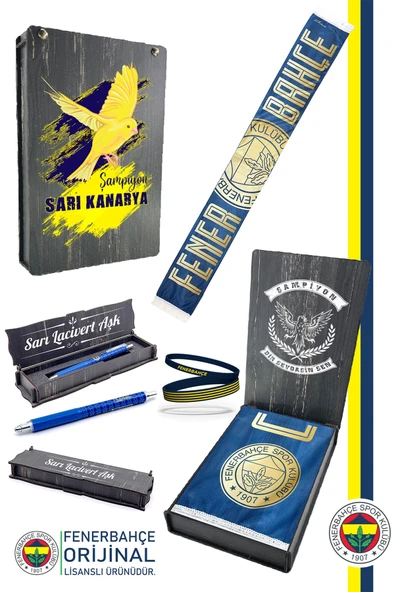 Fenerbahçe Orijinal Canım Feda Olsun Şal Atkı Bileklik ve Kalem Set Kanarya Baskılı Ahşap Kutulu