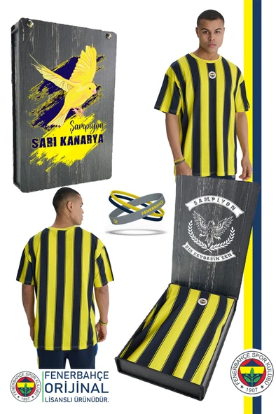 Fenerbahçe Orijinal Lisanslı Sarı Lacivert Çubuklu Erkek T-Shirt + Bileklik Set Hediyeli Ahşap Kutu