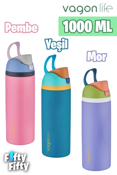 Vagonlife 1000 ML Tek Kapak Çift Kullanım Pipetli/Pipetsiz Taşıma Kulplu Çelik Termos -FFVGN045ML10003RENK - 5