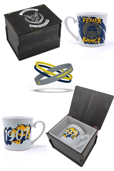Fenerbahçe Orijinal Kupa Mug Bileklik Set Özel Ahşap Kutulu