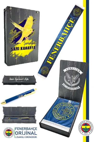 Fenerbahçe Orjinal Bir Şarkısın Sen Fenerbahçe Şal Atkı Tükenmez Kalem Set Kanarya Baskı Ahşap Kutu