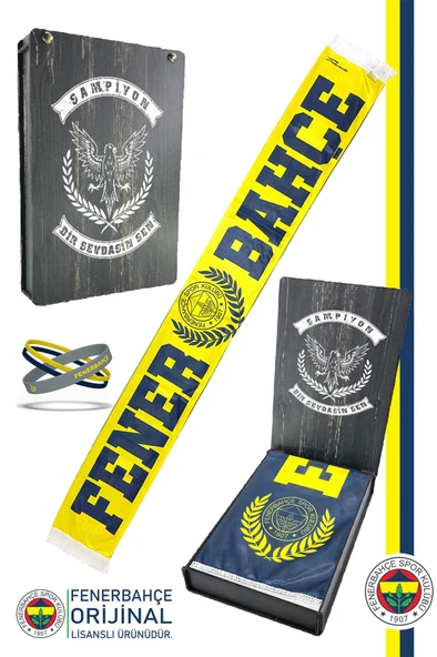 Fenerbahçe Orijinal Established 1907 Fenerbahçe Şal Atkı ve Bileklik Set Kanarya Baskılı Ahşap Kutu