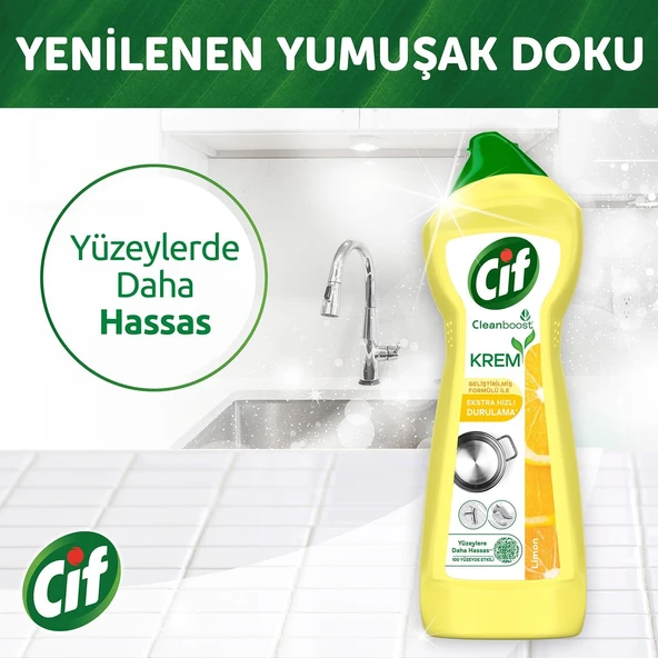 Cif Cleanboost Krem Yüzey Temizleyici Limon Kokulu Yağ ve Kireç Sökücü Leke Çıkarıcı 500 ml x 4 adet - Resim 6