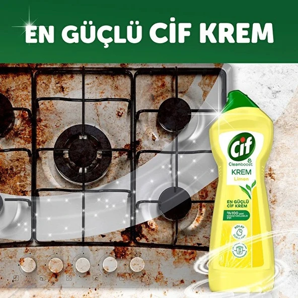 Cif Cleanboost Krem Yüzey Temizleyici Limon Kokulu Yağ ve Kireç Sökücü Leke Çıkarıcı 500 ml x 4 adet - Resim 2