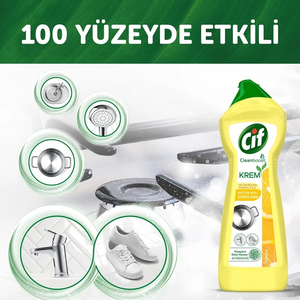 Cif Cleanboost Krem Yüzey Temizleyici Limon Kokulu Yağ ve Kireç Sökücü Leke Çıkarıcı 500 ml x 4 adet - Resim 3