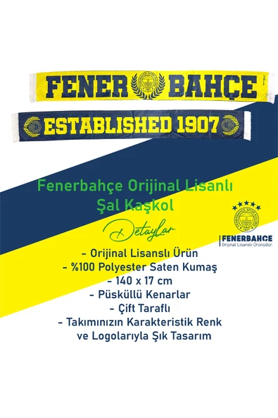 Fenerbahçe Orijinal Lisanslı Established 1907 Fenerbahçe Saten Şal Atkı - 2