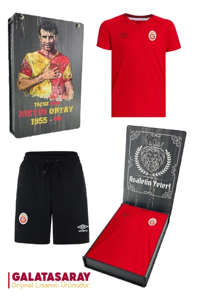 Galatasaray Orijinal Umbro V Yaka Kırmızı T-Shirt + Şort Set Metin Oktay Baskı Hediyelik Ahşap Kutu