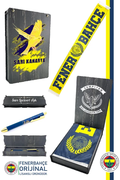 Fenerbahçe Orijinal 1907 Fenerbahçe Şal Atkı ve Tükenmez Kalem Set Kanarya Baskı Ahşap Kutu