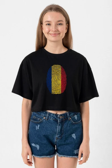Romania Fingerprint Siyah Kadın Crop Tshirt