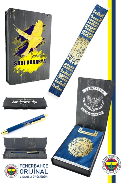 Fenerbahçe Orjinal Canım Feda Olsun Fenerbahçe Şal Atkı Tükenmez Kalem Set Kanarya Baskı Ahşap Kutu ürün görseli 1
