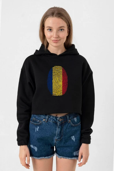 Romania Fingerprint Siyah Kadın Crop Kapşonlu