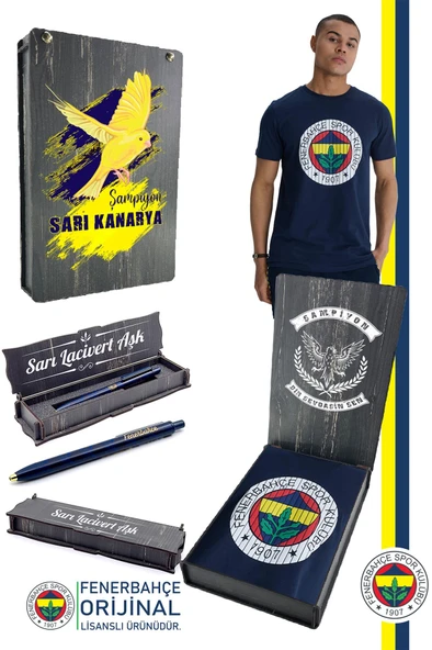 Fenerbahçe Orijinal Lisanslı Kabartma Logo Lacivert Tribün T-Shirt + Kalem Set Hediyelik Ahşap Kutu