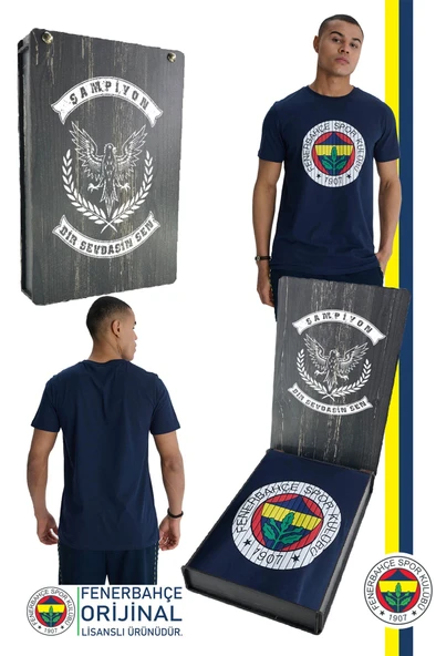 Fenerbahçe Orijinal Lisanslı Kabartma Logo Lacivert Tribün T-Shirt Hediyelik Ahşap Kutulu