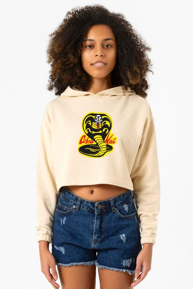 Cobra Kai Logo Bej Kadın Crop Kapşonlu