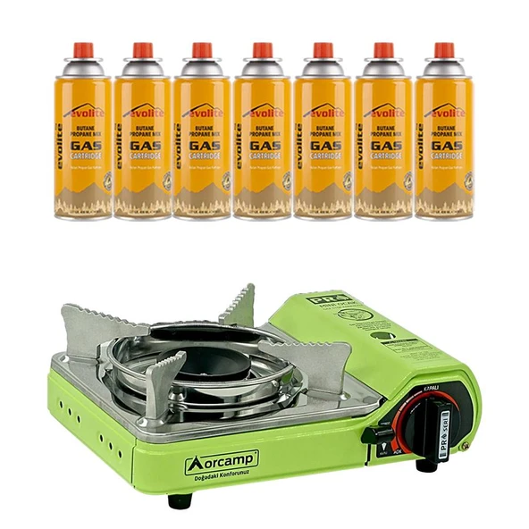 Orcamp Mini Portatif Kamp Ocağı Yeşil + 7 Evolite 227 gr Gaz Kartuşu EVO-006-A6