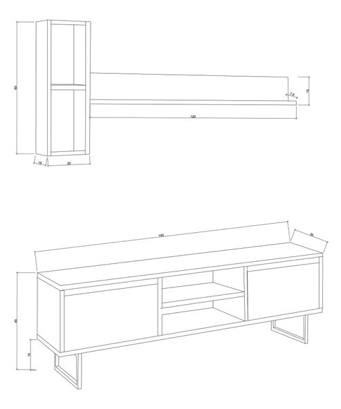 140 Cm 2 Kapaklı Raflı Kitaplıklı Metal Ayaklı  Modern TV Ünitesi TV Sehpası - 4