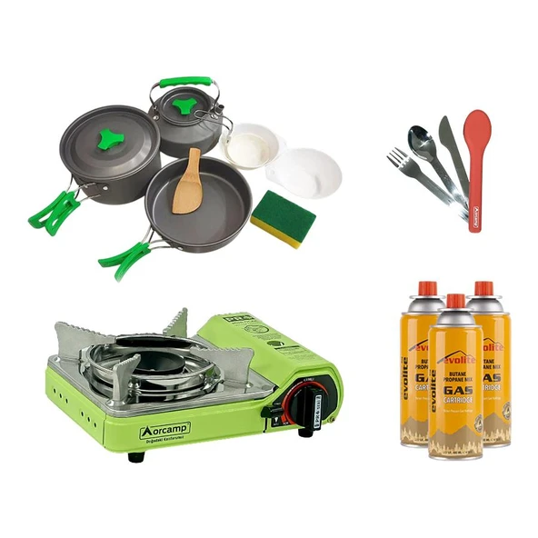 Orcamp Mini Portatif Kamp Ocağı Yeşil + 3'lü Tencere Seti + ÇKB(OUT-1970-K) + 3 Evolite 227 gr Gaz Kartuşu EVO-006-D5