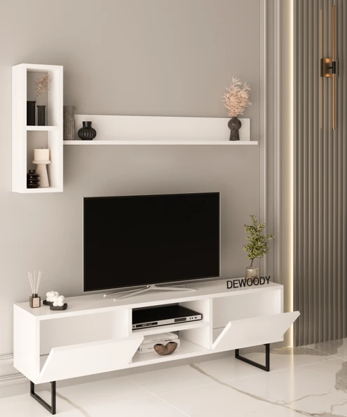 140 Cm 2 Kapaklı Raflı Kitaplıklı Metal Ayaklı  Modern TV Ünitesi TV Sehpası