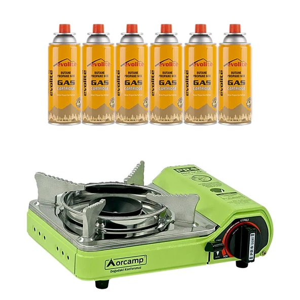 Orcamp Mini Portatif Kamp Ocağı Yeşil + 6 Evolite 227 gr Gaz Kartuşu EVO-006-A5