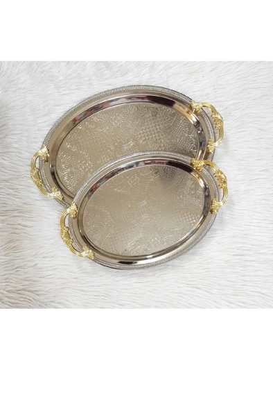 Lüx 2'li Kararmaz Gümüş Oval Servis Sunum Çay Kahve Tatlı Tepsisi 3857