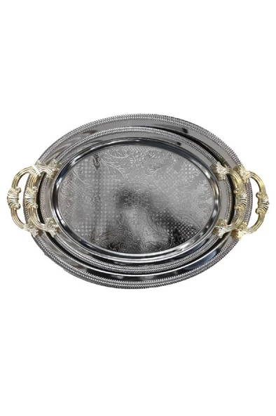 Lüx 2'li Kararmaz Gümüş Oval Servis Sunum Çay Kahve Tatlı Tepsisi 3857 - 2