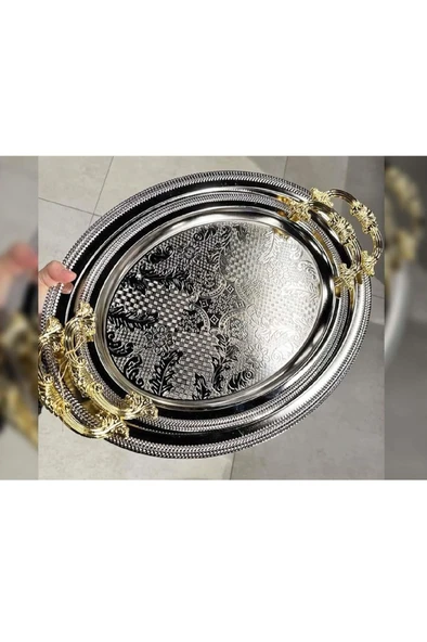 Lüx 2'li Kararmaz Gümüş Oval Servis Sunum Çay Kahve Tatlı Tepsisi 3857 - 3