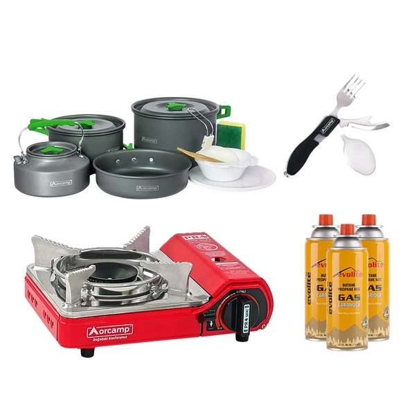 Orcamp Mini Portatif Kamp Ocağı Kırmızı + 4'lü Tencere Seti + ÇKB(OUT-1350-S) + 3 Evolite 227 gr Gaz Kartuşu EVO-004-D2