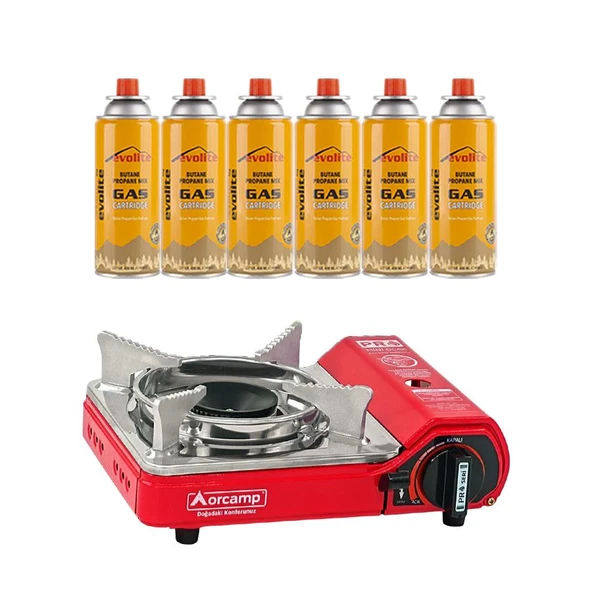 Orcamp Mini Portatif Kamp Ocağı Kırmızı + 6 Evolite 227 gr Gaz Kartuşu EVO-004-A5
