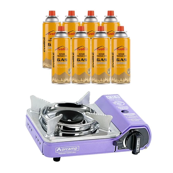 Orcamp Mini Portatif Kamp Ocağı Mor + 8 Evolite 227 gr Gaz Kartuşu EVO-005-A7