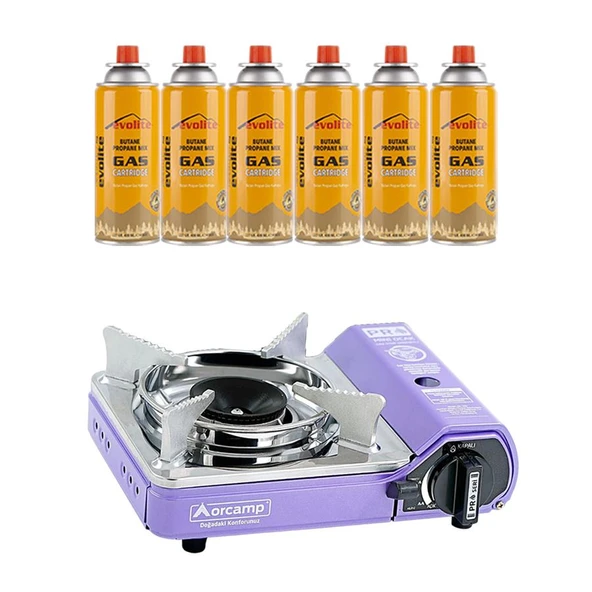 Orcamp Mini Portatif Kamp Ocağı Mor + 6 Evolite 227 gr Gaz Kartuşu EVO-005-A5