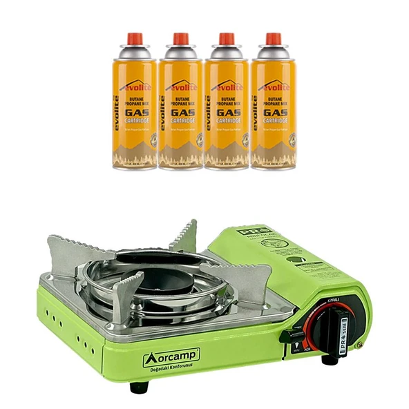 Orcamp Mini Portatif Kamp Ocağı Yeşil + 4 Evolite 227 gr Gaz Kartuşu EVO-006-A3