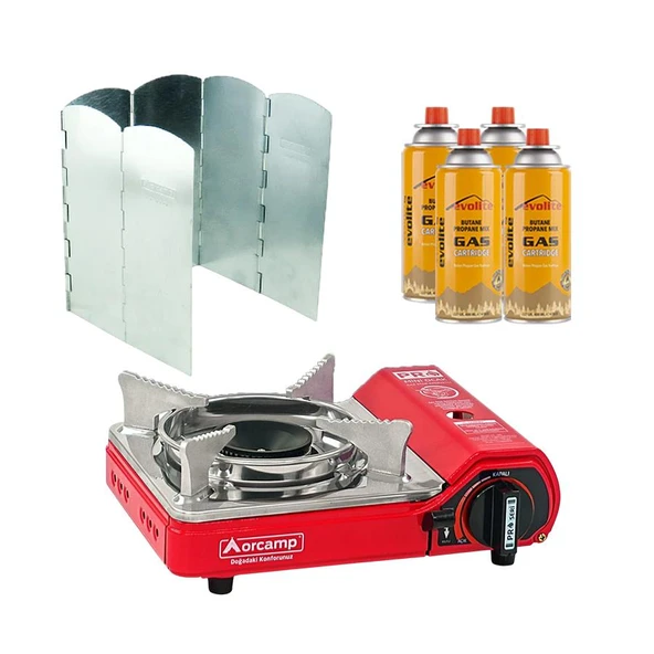Orcamp Mini Portatif Kamp Ocağı Kırmızı + 6 Kanatlı Rüzgarlık + 4 Evolite 227 gr Gaz Kartuşu EVO-004-E3