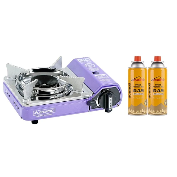 Orcamp Mini Portatif Kamp Ocağı Mor + 2 Evolite 227 gr Gaz Kartuşu EVO-005-A1