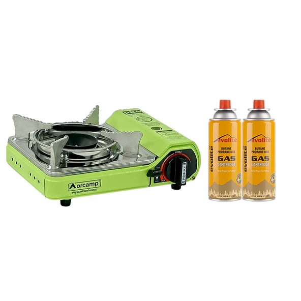 Orcamp Mini Portatif Kamp Ocağı Yeşil + 2 Evolite 227 gr Gaz Kartuşu EVO-006-A1