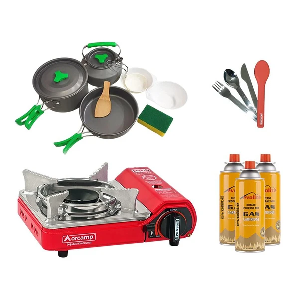 Orcamp Mini Portatif Kamp Ocağı Kırmızı + 3'lü Tencere Seti + ÇKB(OUT-1970-K) + 3 Evolite 227 gr Gaz Kartuşu EVO-004-D3