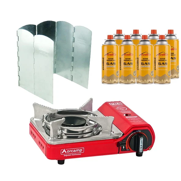 Orcamp Mini Portatif Kamp Ocağı Kırmızı + 6 Kanatlı Rüzgarlık + 8 Evolite 227 gr Gaz Kartuşu EVO-004-E7