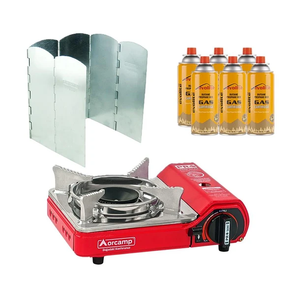 Orcamp Mini Portatif Kamp Ocağı Kırmızı + 6 Kanatlı Rüzgarlık + 6 Evolite 227 gr Gaz Kartuşu EVO-004-E5