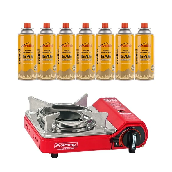 Orcamp Mini Portatif Kamp Ocağı Kırmızı + 7 Evolite 227 gr Gaz Kartuşu EVO-004-A6