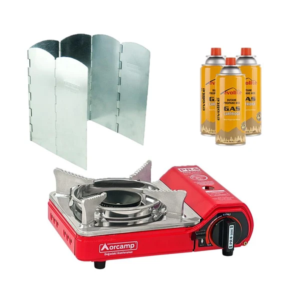 Orcamp Mini Portatif Kamp Ocağı Kırmızı + 6 Kanatlı Rüzgarlık + 3 Evolite 227 gr Gaz Kartuşu EVO-004-E2