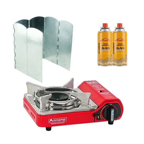 Orcamp Mini Portatif Kamp Ocağı Kırmızı + 6 Kanatlı Rüzgarlık + 2 Evolite 227 gr Gaz Kartuşu EVO-004-E1