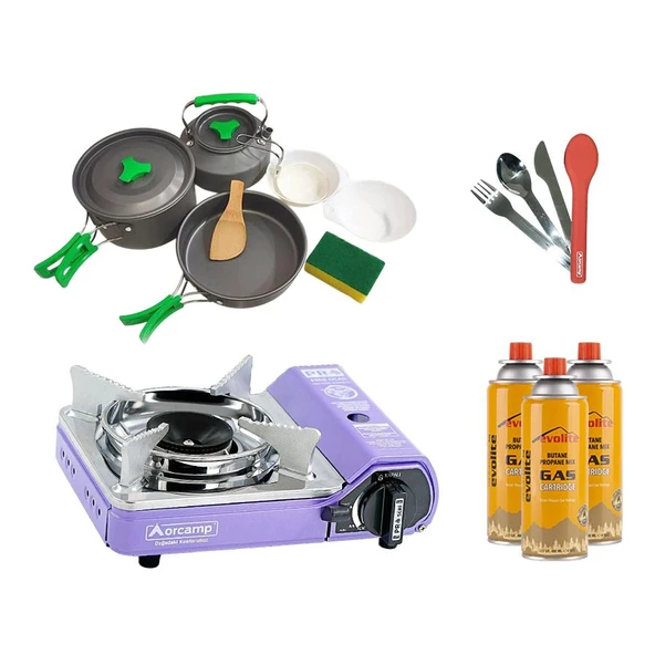 Orcamp Mini Portatif Kamp Ocağı Mor + 3'lü Tencere Seti + ÇKB(OUT-1970-K) + 3 Evolite 227 gr Gaz Kartuşu EVO-005-D3