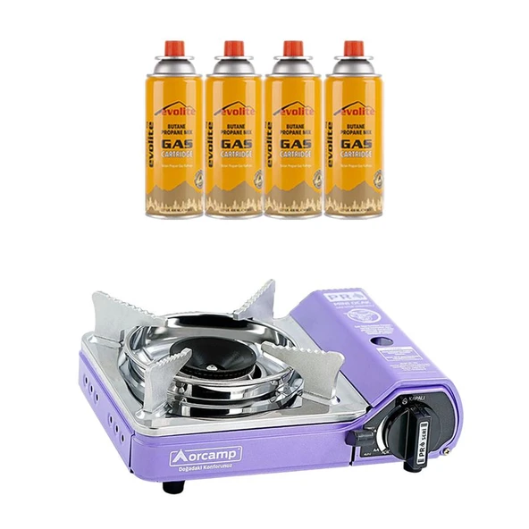 Orcamp Mini Portatif Kamp Ocağı Mor + 4 Evolite 227 gr Gaz Kartuşu EVO-005-A3