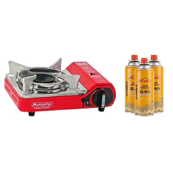 Orcamp Mini Portatif Kamp Ocağı Kırmızı + 3 Evolite 227 gr Gaz Kartuşu EVO-004-A2