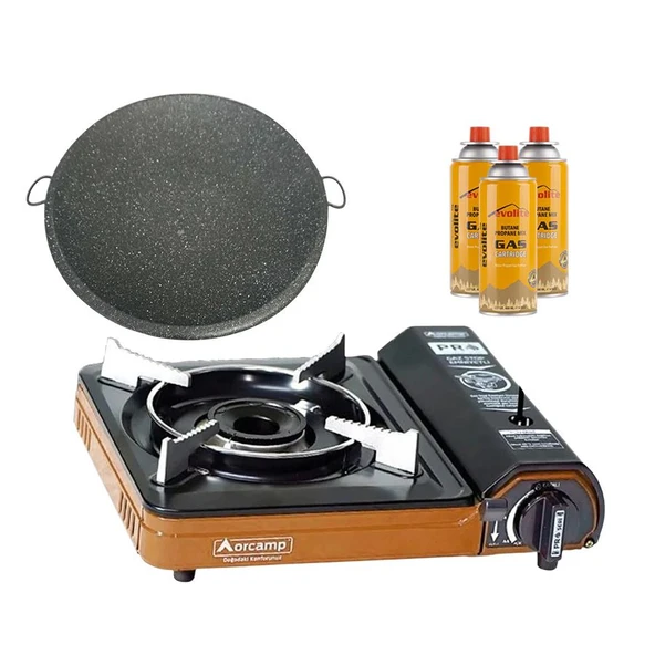 Orcamp Portatif Kamp Ocağı Turuncu + Granit Katmer + 3 Evolite 227 gr Gaz Kartuşu EVO-003-E2