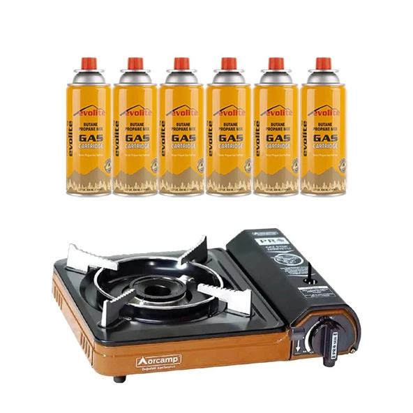 Orcamp Portatif Kamp Ocağı Turuncu + 6 Evolite 227 gr Gaz Kartuşu EVO-003-A5