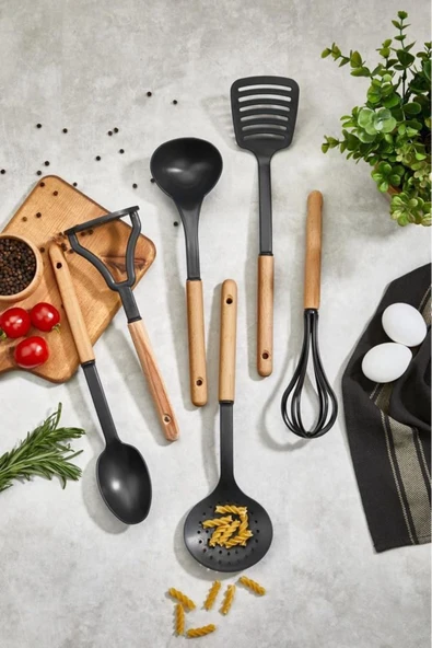 Mithra Life 6 Adet Ahşap Saplı Plastik Teflon Siyah Servis Seti MIT1141