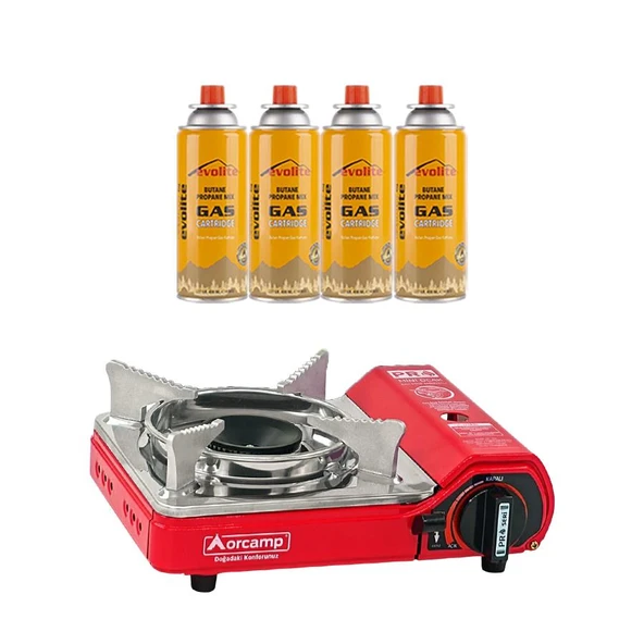 Orcamp Mini Portatif Kamp Ocağı Kırmızı + 4 Evolite 227 gr Gaz Kartuşu EVO-004-A3
