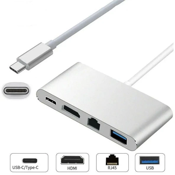 S Line Type C to HDMI RJ45 USB Çevirici 3in1