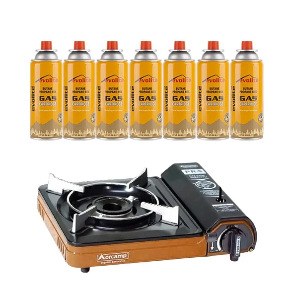 Orcamp Portatif Kamp Ocağı Turuncu + 7 Evolite 227 gr Gaz Kartuşu EVO-003-A6