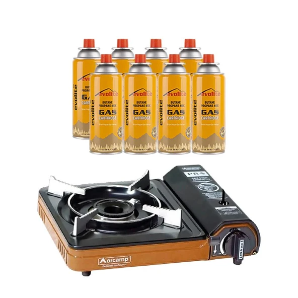 Orcamp Portatif Kamp Ocağı Turuncu + 8 Evolite 227 gr Gaz Kartuşu EVO-003-A7
